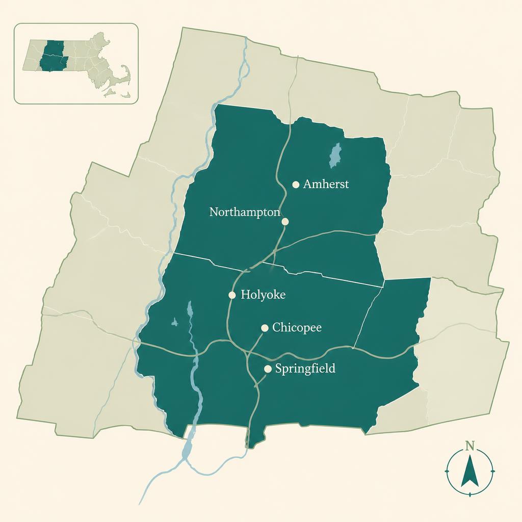 Map highlighting Hampshire and Hampden counties in Western Massachusetts